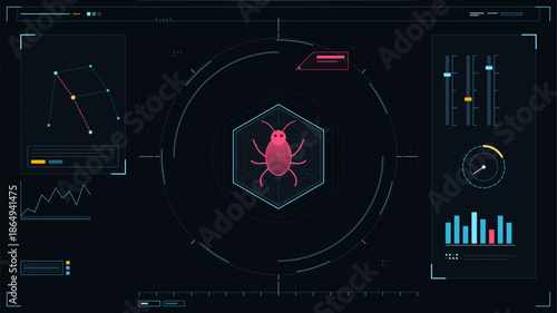 Detailed view of a digital interface showing a bug in software with various data and charts displayed