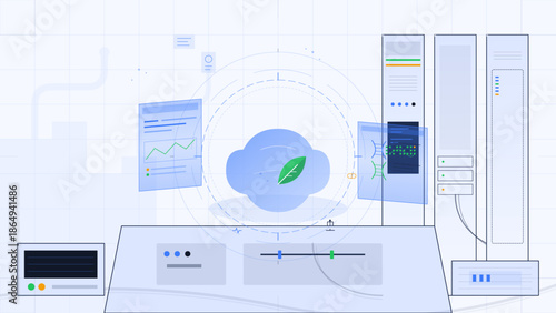 Cloud technology is used in data analysis for environmental monitoring in a modern workspace