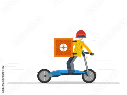 Delivery rider on electric scooter carries large package through city streets in daytime