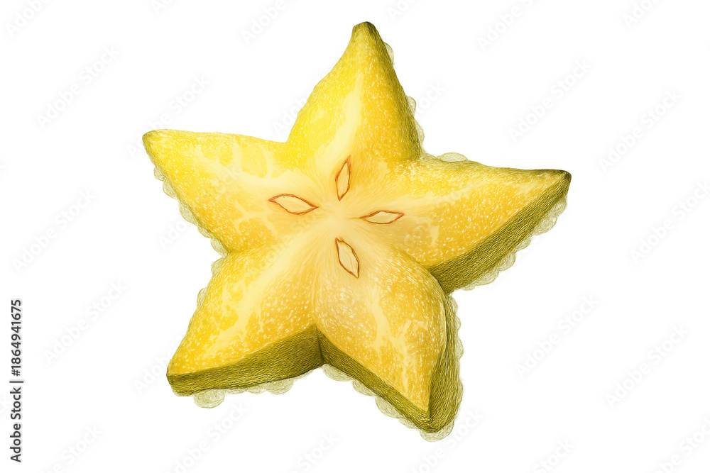 Fototapeta premium Star fruit slice showing a vibrant yellow tropical carambola with seed details on transparent background