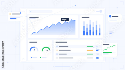 Data dashboard shows analytics with graphs, charts, and user metrics in a digital interface design