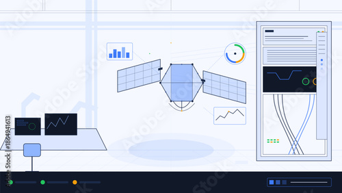 Satellite model in a workspace with charts and data displays during a technology presentation