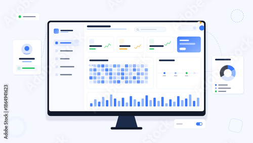 Dashboard design shows data analysis tools and metrics for users in a business setting during daytime hours
