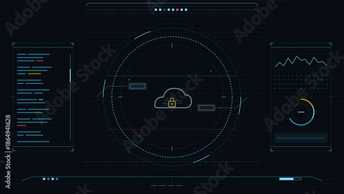 Cloud security interface showing data protection elements and analytics in a digital environment with user controls