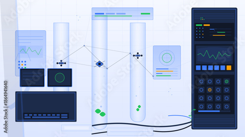 Digital interface showing data analysis with graphs and visual elements representing scientific research and monitoring