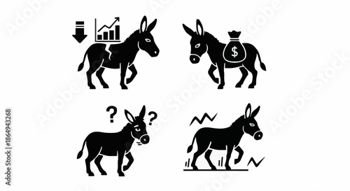 Conceptual donkey silhouettes representing financial themes including market trends, debt burdens, and economic confusion.