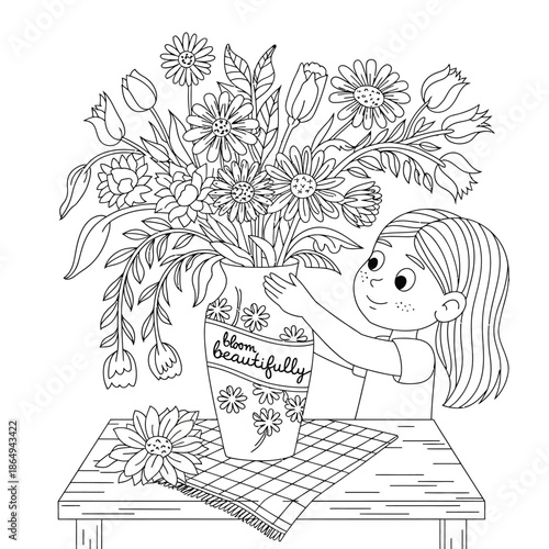 Young girl admiring a beautiful bouquet isolated on white background, Vector, illustration
