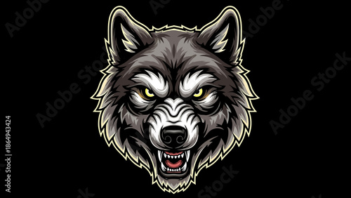 Intense Gray Wolf Head Illustration with Aggressive Snarl and Piercing Yellow Eyes, Ideal for Sports Team Mascots, Gaming Logos, or Powerful Brand Identity