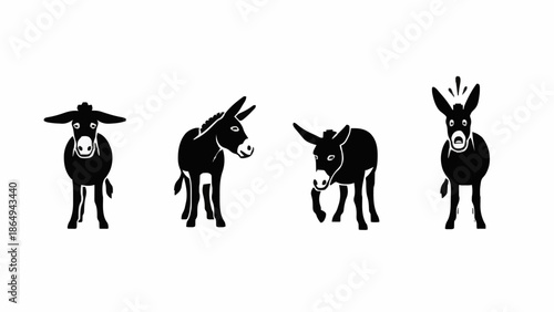Set of minimalist black and white donkey silhouettes featuring various expressive poses and long-eared equine characters.