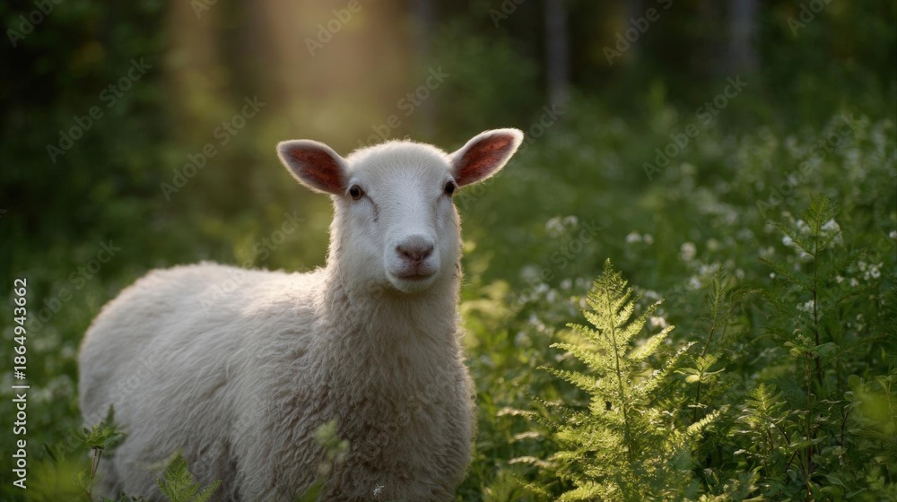 Obraz premium Close-up of a white sheep standing in a field of green grass and ferns. the sheep is facing the camera and is looking directly at the camera with a curious expression.
