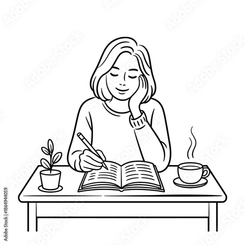 Woman writing in notebook isolated on white background, Vector, illustration