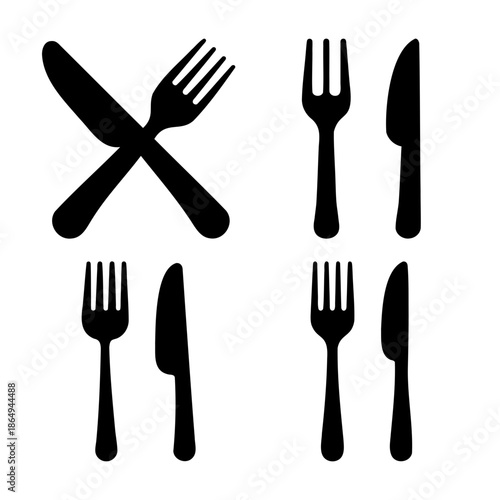 Black silhouette of knife and fork cutlery icons for restaurant menu or kitchen design
