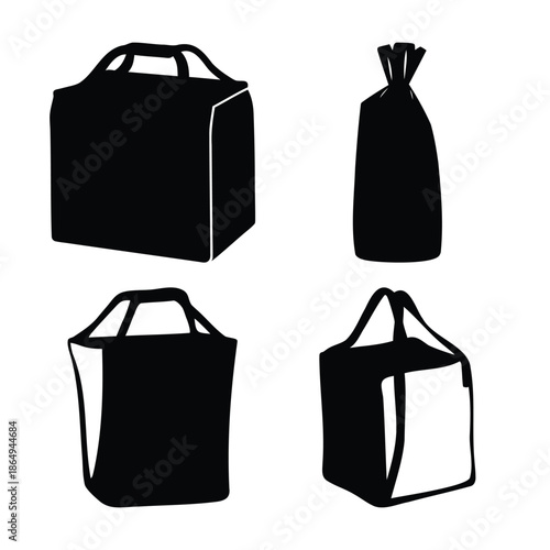 Collection of diverse bag silhouettes including shopping totes, garbage sack, and reusable carriers for various purposes