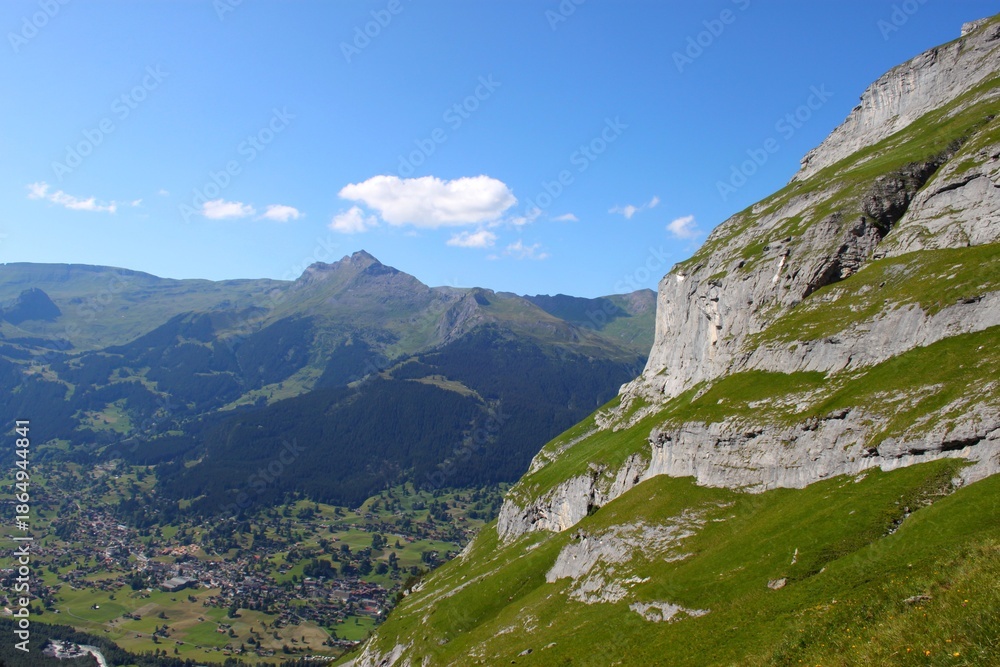 Fototapeta premium Panoramic view of Grindelwald valley with alpine village, green meadows, and Swiss mountain peaks