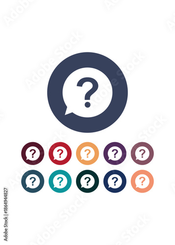 A versatile collection of flat circular icons featuring a question mark inside a speech bubble. Includes eleven diverse color variations for modern web and app design.