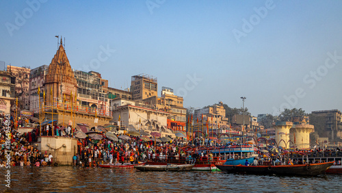 Pilgrims Gather at the ghats for Holy Bath at Maha Kumbh Mela, Varanasi, India