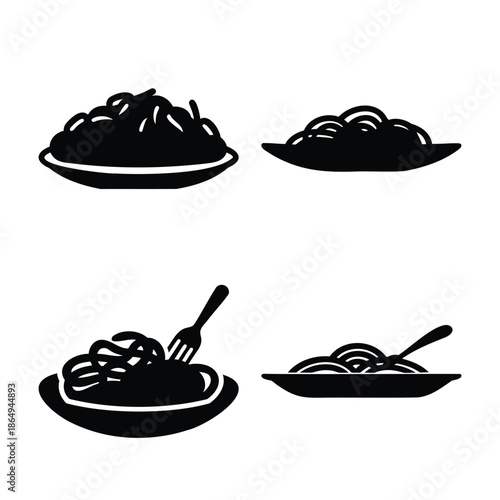 A collection of four stylized black and white spaghetti dishes with forks and spoons