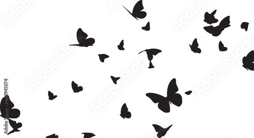Flying Butterflies Silhouette Vector, Abstract Butterfly Swarm on White Background.