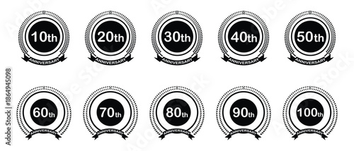 Anniversary Icon with laurel wreath of 10th, 20th, 30th, 40th, 50th, 60th, 70th, 70th, 80th, 90th, 100th icon set. Anniversary Icon, Anniversary Icon with laurel wreath.