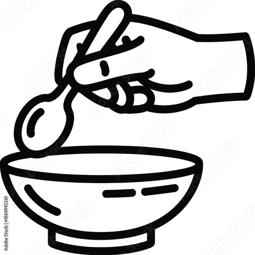 Hand stirring soup in bowl isolated on white background, Vector, illustration