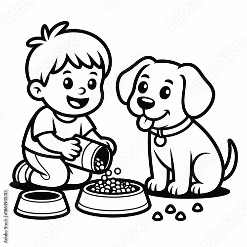 Child feeding puppy isolated on white background, Vector, illustration
