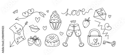 Valentine's Day. Set of hand-drawn doodle line icons. Heart shape, arrows, cake, letter, lips; kiss. I love you. Cakes, pastries. Lock and key, hand lettering.