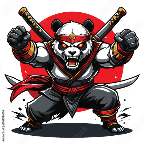 A cartoon panda bear dressed as a ninja with swords standing aggressively in front of a red circle