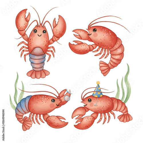 Cute cartoon vector set of red lobster shrimp and seafood characters isolated on white