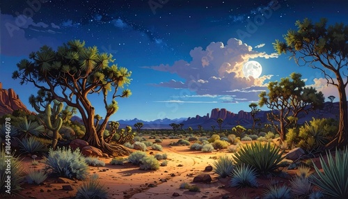 A full moon glows over a quiet desert with Joshua trees and rocky silhouettes, stars scattered across a cloudy night sky—evoking solitude, mystery, and the timeless breath of nocturnal wilderness.