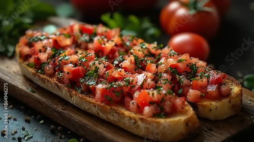 Fresh bruschetta with tomatoes and herbs on wooden board