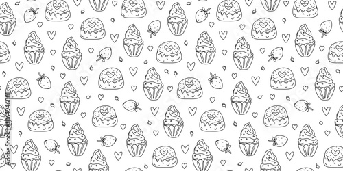 Cupcake, berries, strawberries, baked goods. Seamless pattern. Valentine's Day. Set of hand-drawn cake icons. Heart shape, dessert. Repeating black and white background.