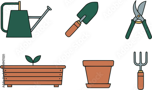 Professional urban gardening icons. Flat vector set featuring watering can, planter box, and garden tools. High-quality forest green and terracotta graphics isolated on white.