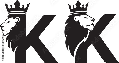 Lion head and letter K logo with crown, king symbol, regal and powerful design
