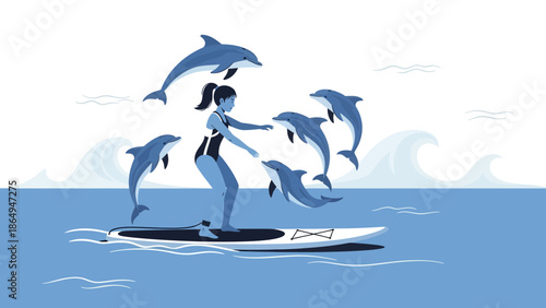 Surfing Girl Surrounded By Dolphins Leaping From Ocean Water In The Sunshine