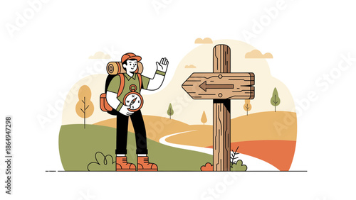Adventure Seeker Navigating Wilderness With Compass And Directional Signpost Artwork