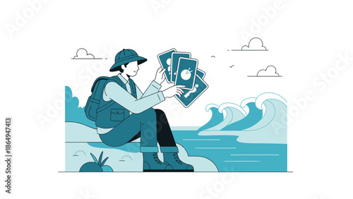 Adventurer By The Sea Considers His Options While Examining Images