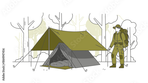 Adventurer Camping In Forest Scene With Tent And Backpack In A Minimalist Style