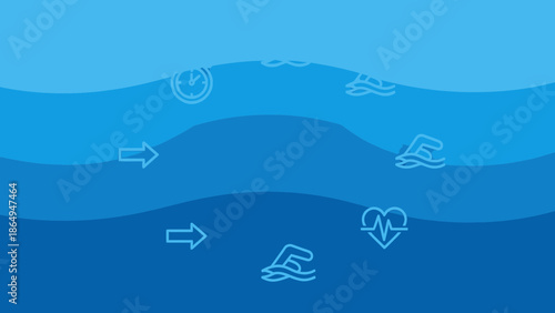 Swimming Training Concept With Clock Heart Icons And Arrows on Rippling Blue Waves