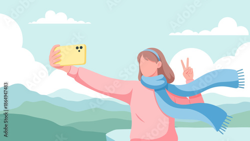 Taking Selfies During Outdoor Adventures In The Serene Mountains With Peace Gesture