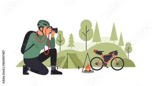 Adventurer Capturing Bike Touring Scene With Camera In Wilderness Illustration