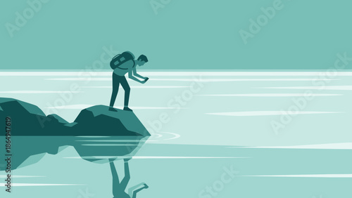 Adventurer Contemplates Water Surface On Remote Rocky Coastal Headland Point