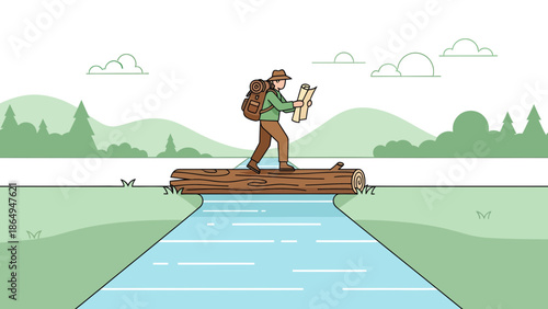 Adventurer Crossing River On Log With Map In Hand Vector Illustration