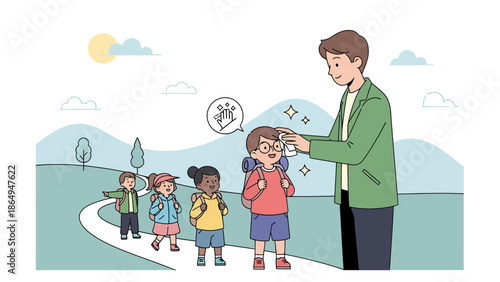 Teacher Wipes Sweat From Student During School Excursion On Summer Day