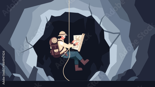 Adventurer Descending Into Cave Checking Map Location Underground Expedition