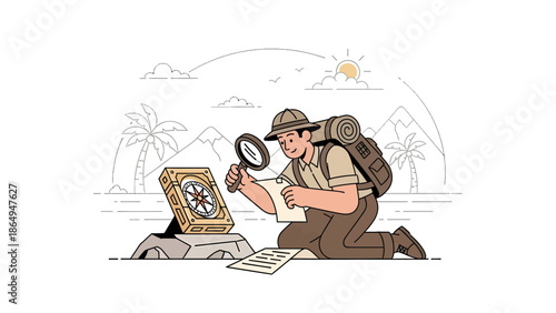 Adventurer Discovering Ancient Compass With Magnifying Glass In Exotic Location