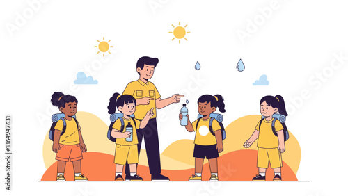 Teacher Teaches Elementary Students About Hydration During an Outdoor Excursion