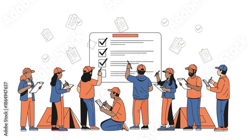 Team Inspecting And Filling Out Form Outdoor For An Important Work Campaign