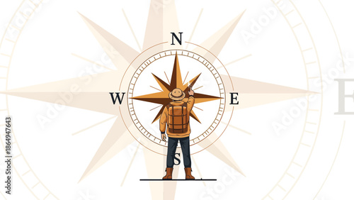 Adventurer Discovering New Ways with Compass Direction Symbol Illustration