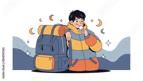 Adventurer Enjoying A Treat With Scenic Nightscape After Long Day Hike