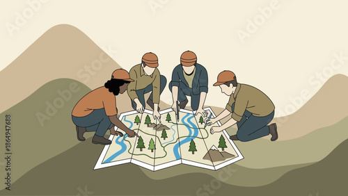 Team Of People Plan A Route On A Map In Nature With Adventure Together